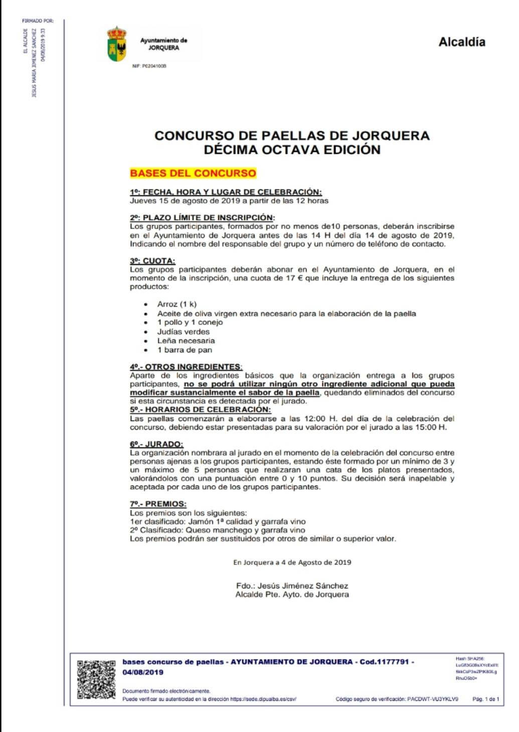 Bases del Concurso de Paellas de las Fiestas de Jorquera